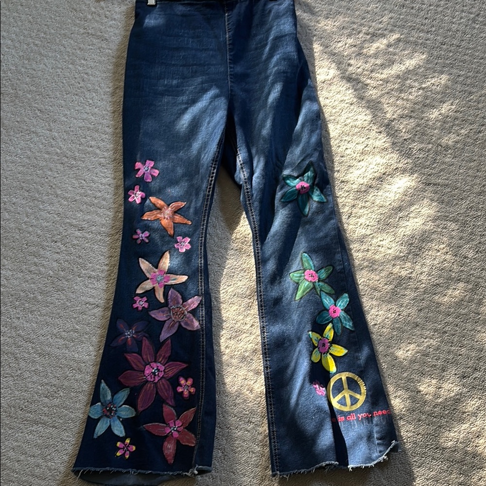 Painted Floral Flare Jeans with Peace Sign